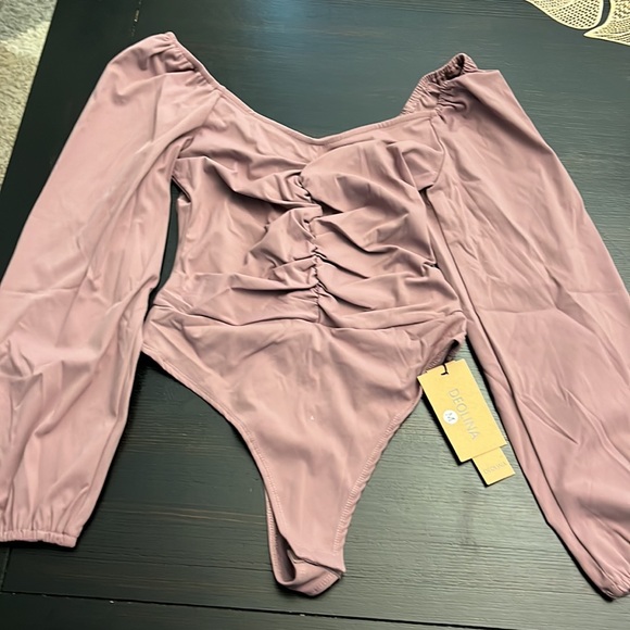 Womens Sexy Sweetheart V Neck Bodysuit Tops Long Sleeve Ruched Body Suits - Picture 4 of 5